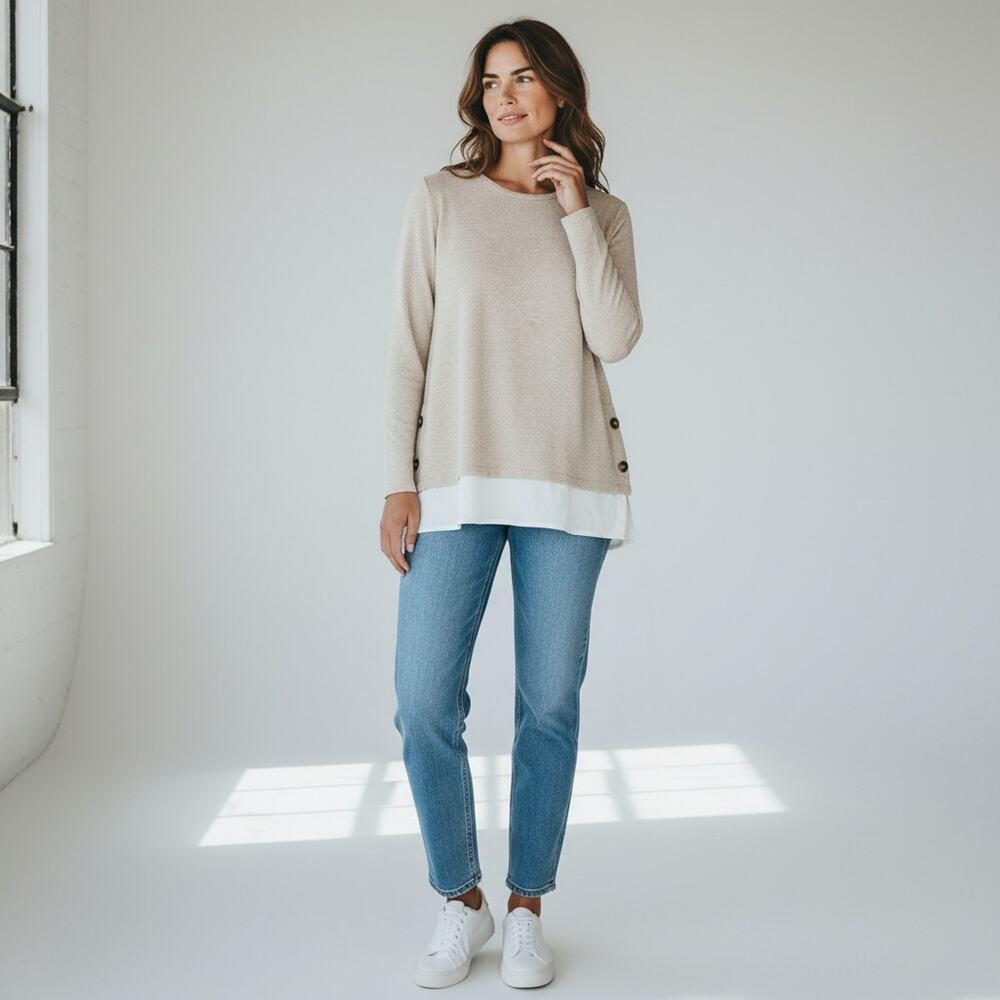 NWT Soya Concept Beige Mixed Material Long Sleeve Long Sweater #1741 Size XS